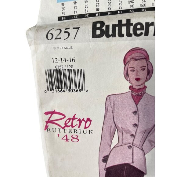 90s Butterick 6257 Retro '48 Pattern Misses Jacket & Skirt Sizes 12-14-16 UNCUT - Picture 2 of 6